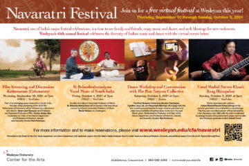 Flyer with images of the artists in the Navaratri festival at Wesleyan in 2021. This includes information about other events in the festival as well.